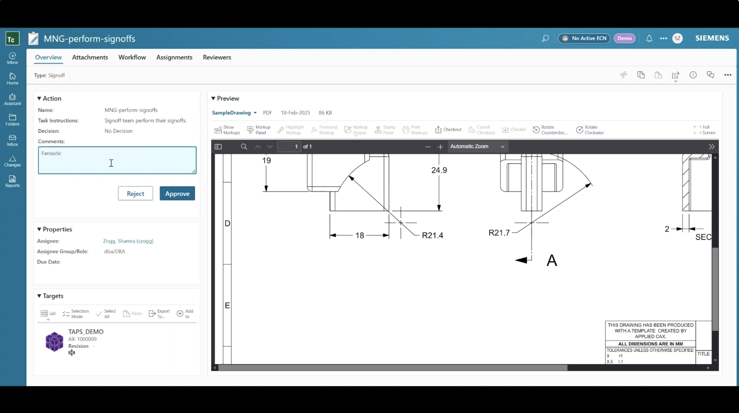 TAPS demo screenshot — Applied CAx Siemens TAPS software
