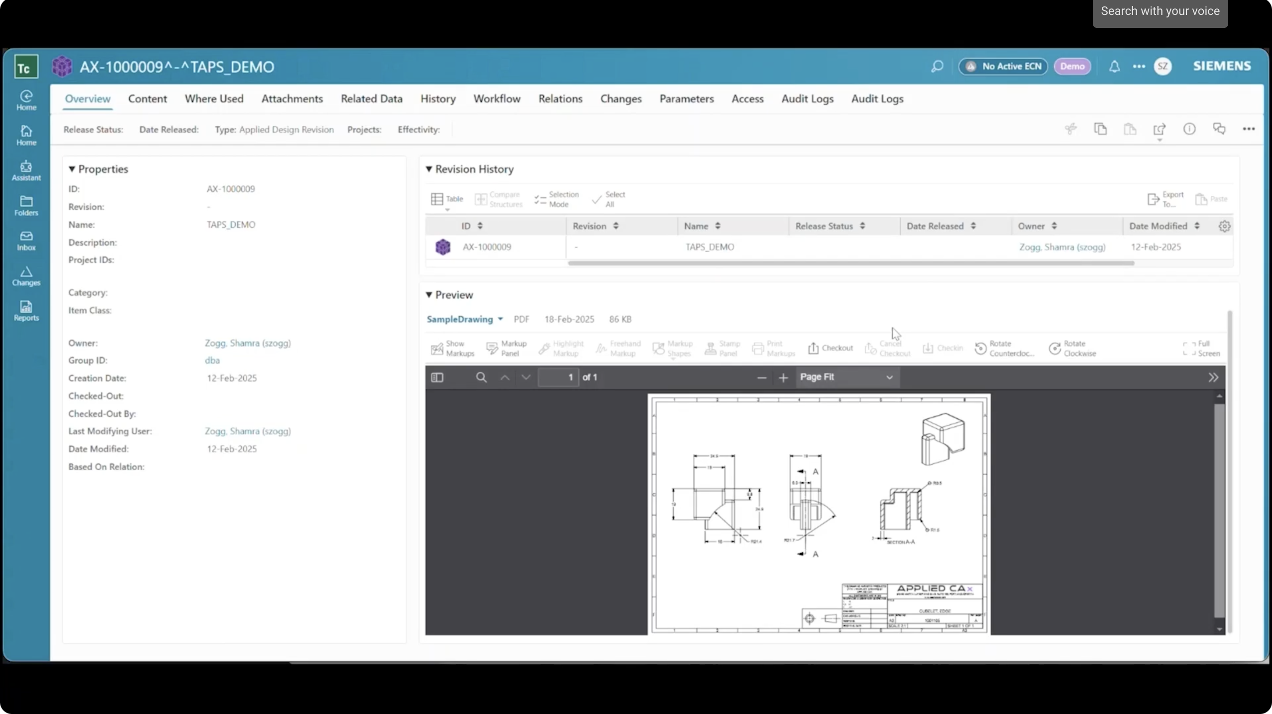 TAPS demo screenshot — Applied CAx Siemens TAPS software
